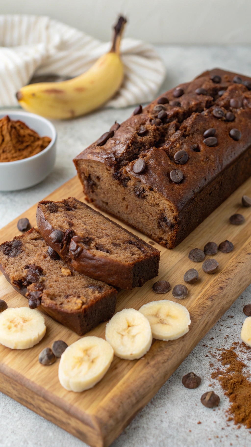 A loaf of chocolate banana bread sliced on a wooden board, with banana slices and chocolate chips scattered around.