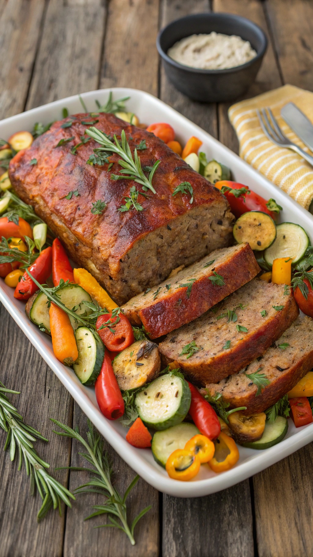 A delicious turkey meatloaf served with colorful roasted vegetables on a white platter.