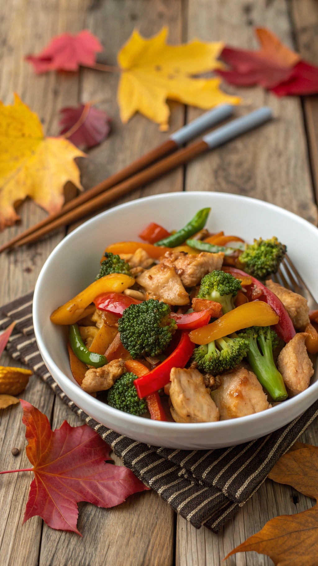 A bowl of chicken stir-fry with colorful vegetables on a rustic wooden table surrounded by autumn leaves.