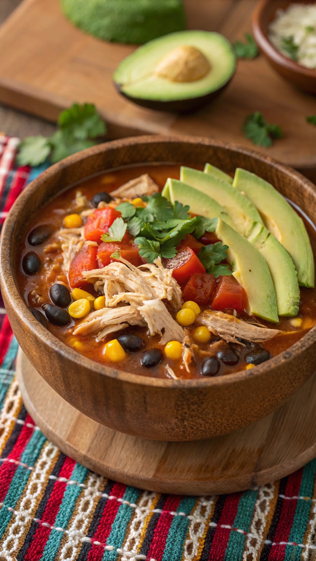 A bowl of Chicken Taco Soup topped with avocado slices and cilantro, served on a colorful woven tablecloth.