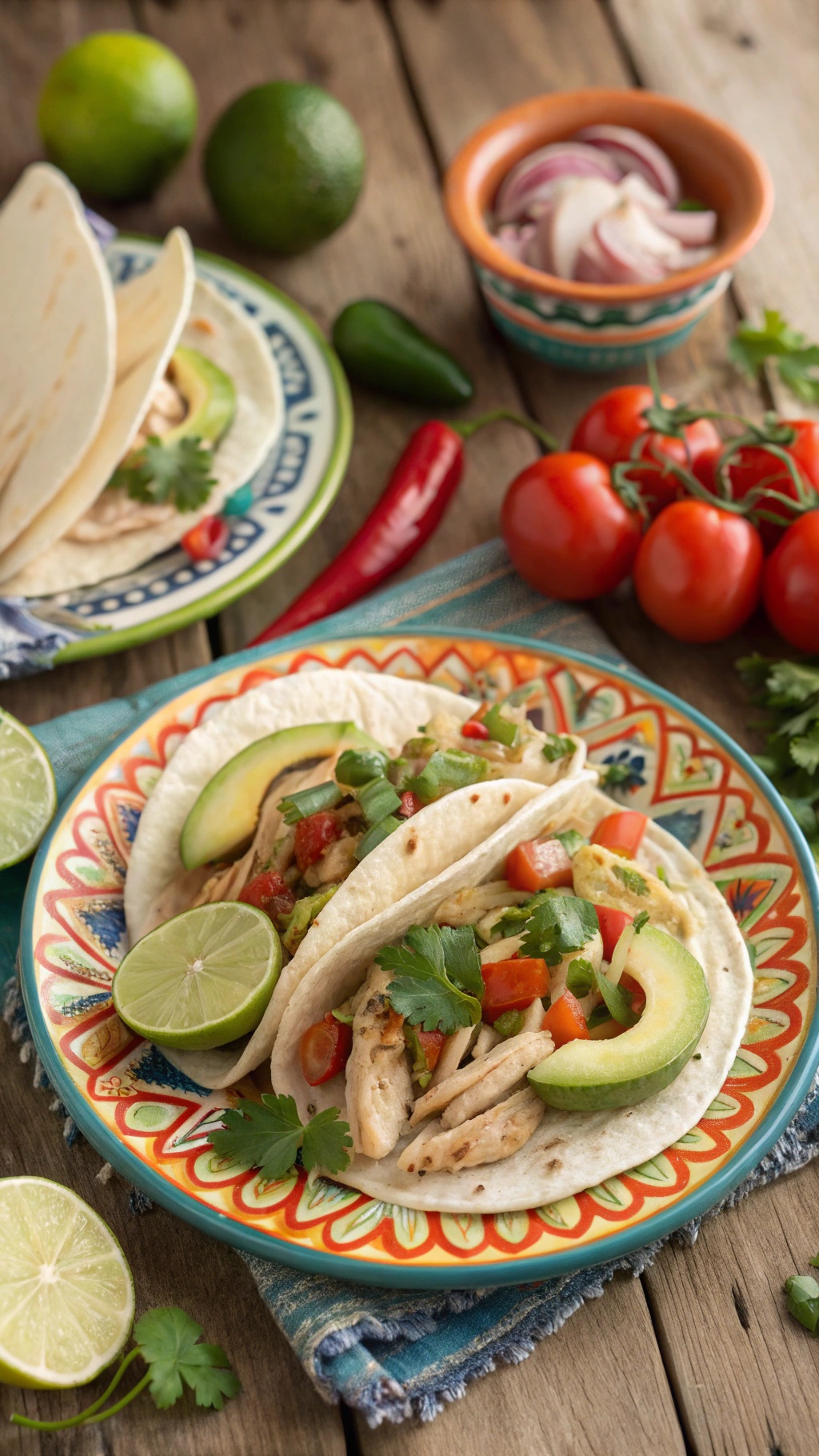 Delicious chicken tacos with fresh toppings on a colorful plate