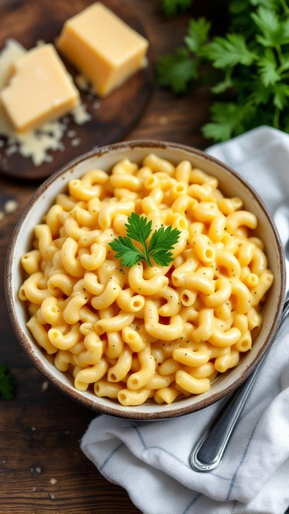 A bowl of creamy macaroni and cheese with a sprig of parsley on top, surrounded by cheese blocks and fresh herbs.