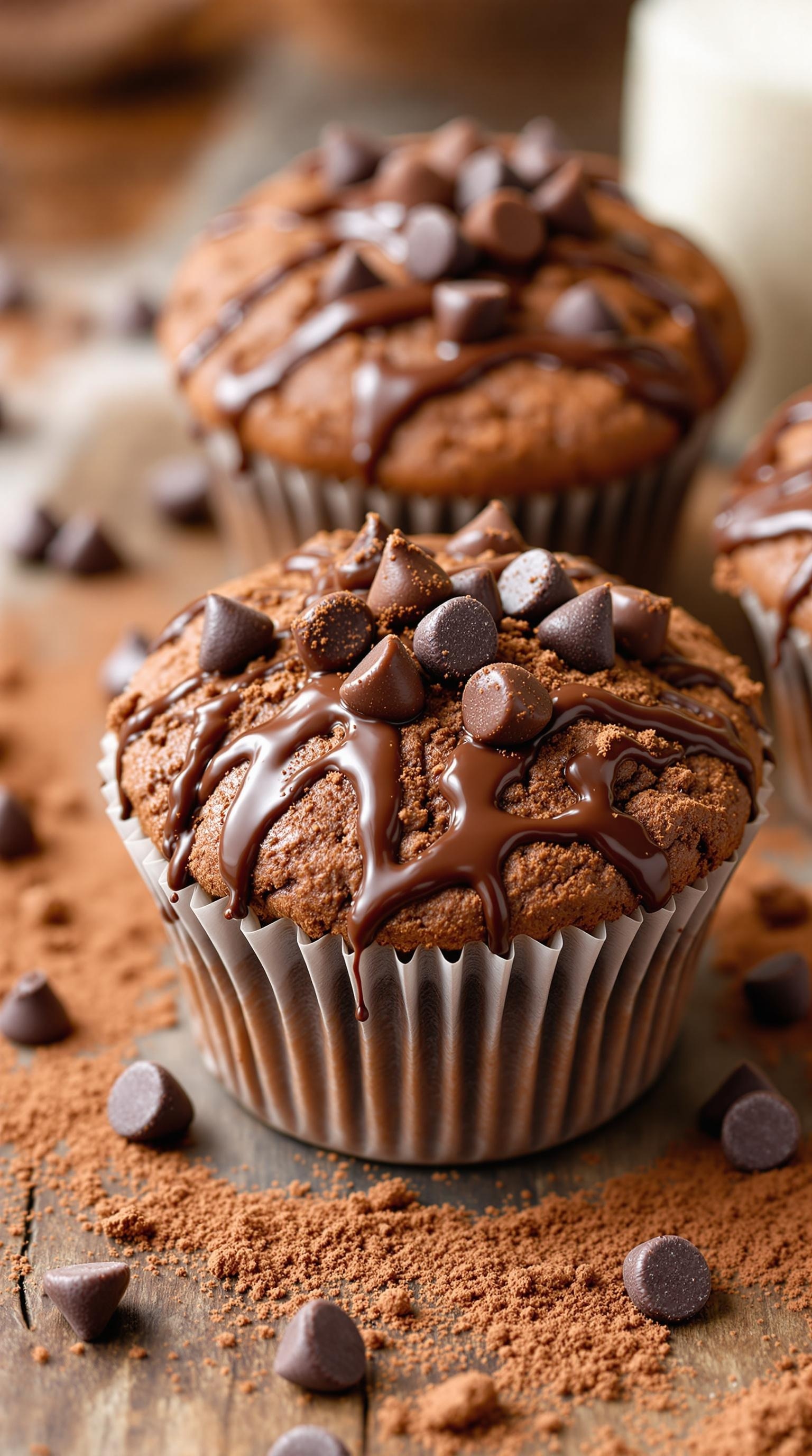Delicious chocolate protein muffins topped with chocolate chips and drizzled with chocolate sauce.