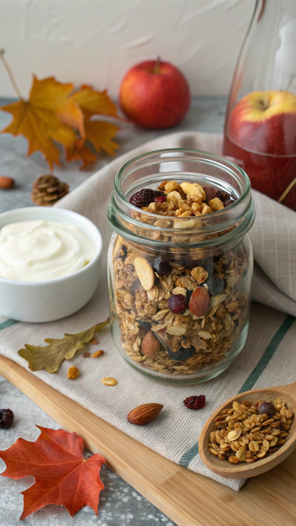A jar of granola with nuts and dried fruits next to a bowl of yogurt and autumn leaves.