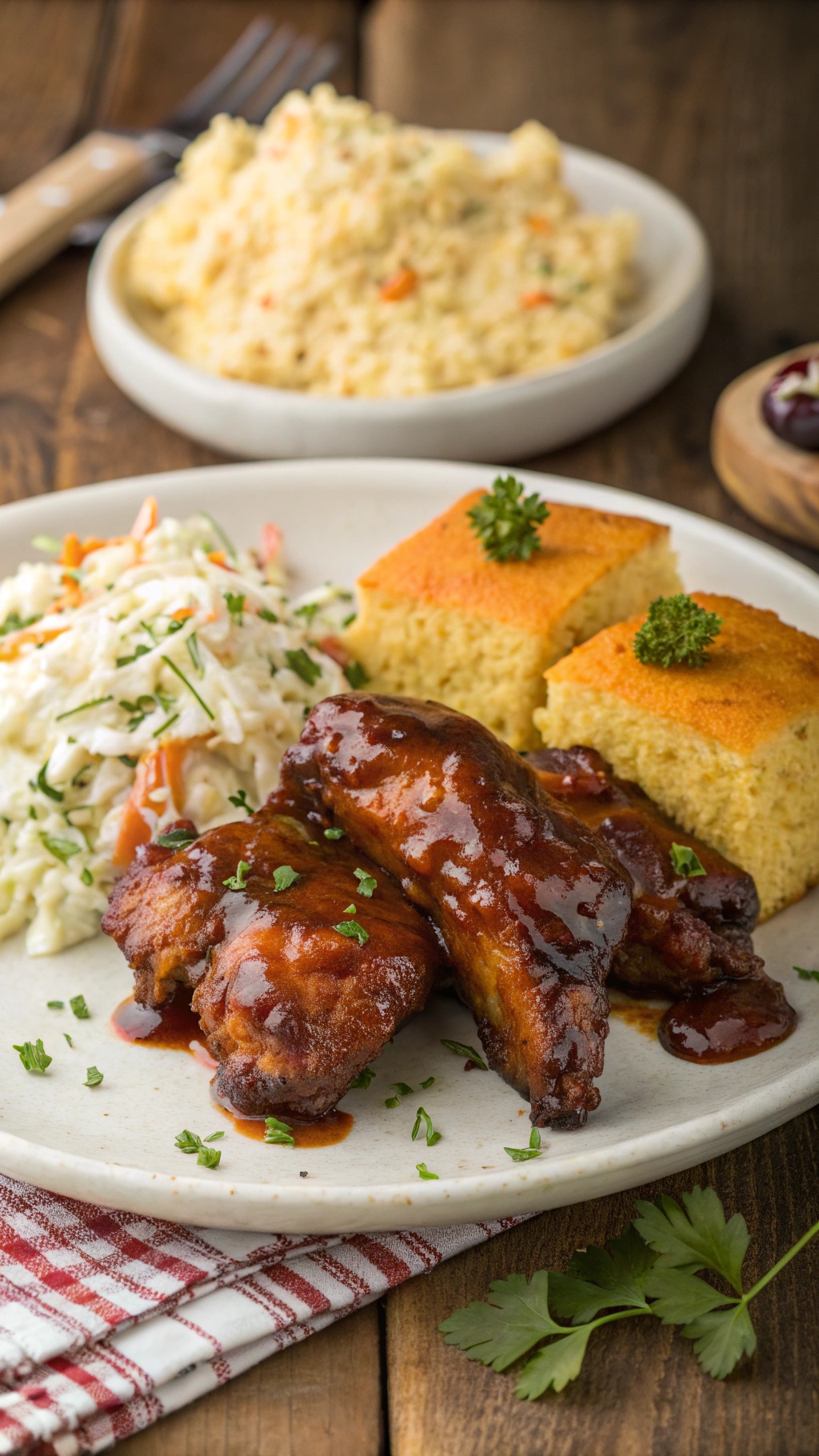 A plate of BBQ chicken with cornbread and coleslaw