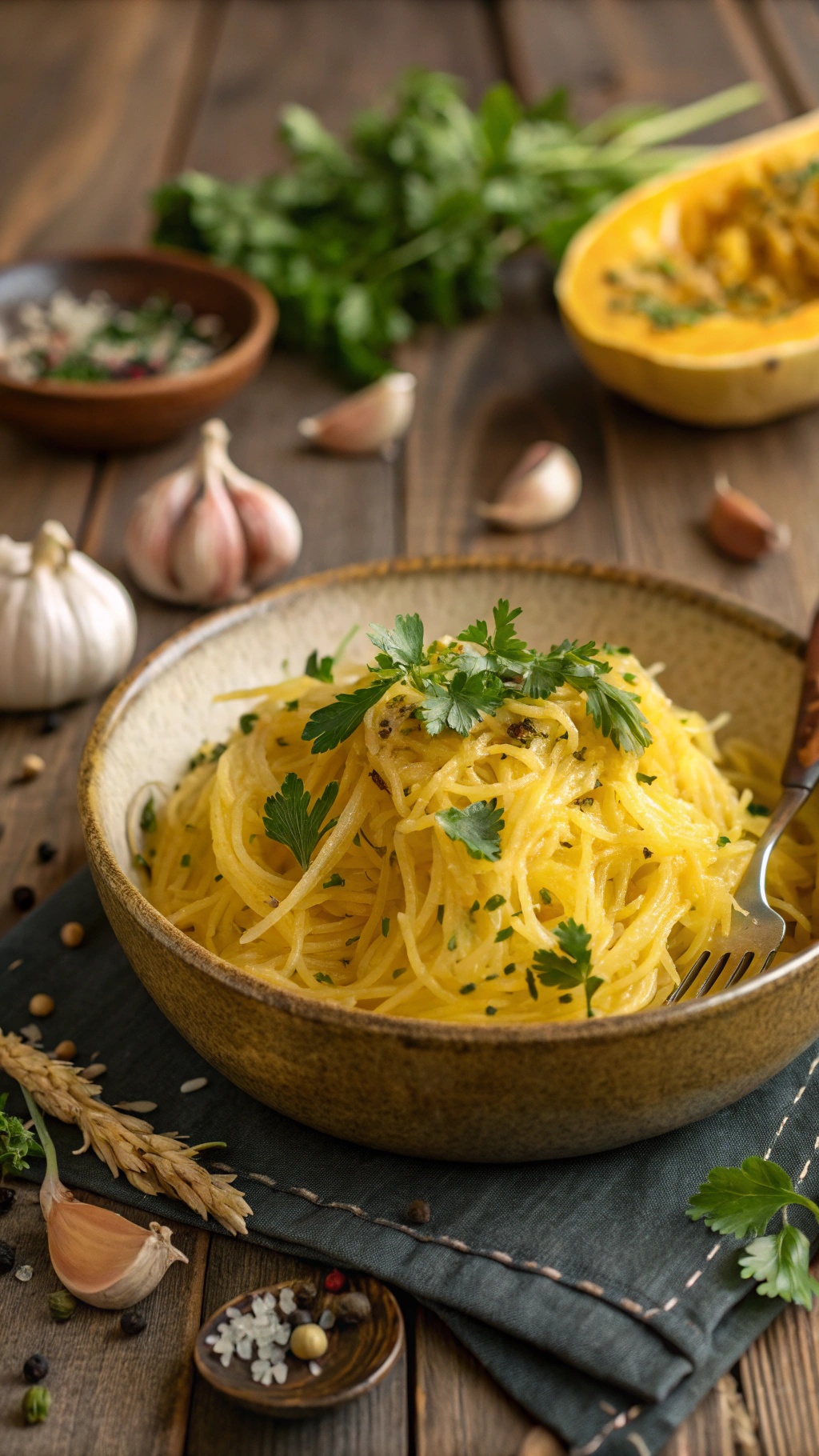 A bowl of garlic and herb spaghetti squash garnished with fresh herbs, set on a wooden table.