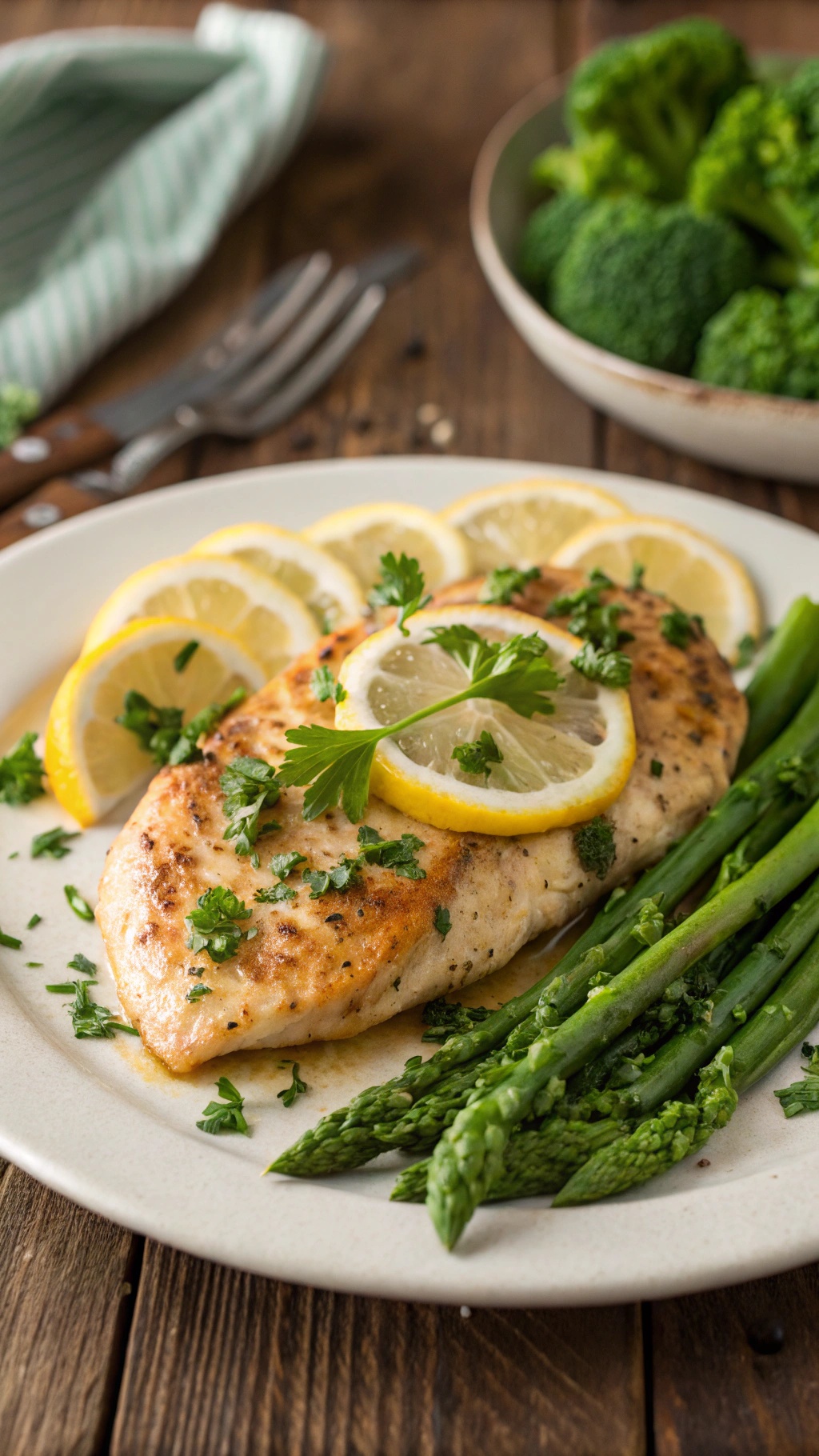 A plate of lemon garlic chicken served with asparagus and garnished with lemon slices and parsley.