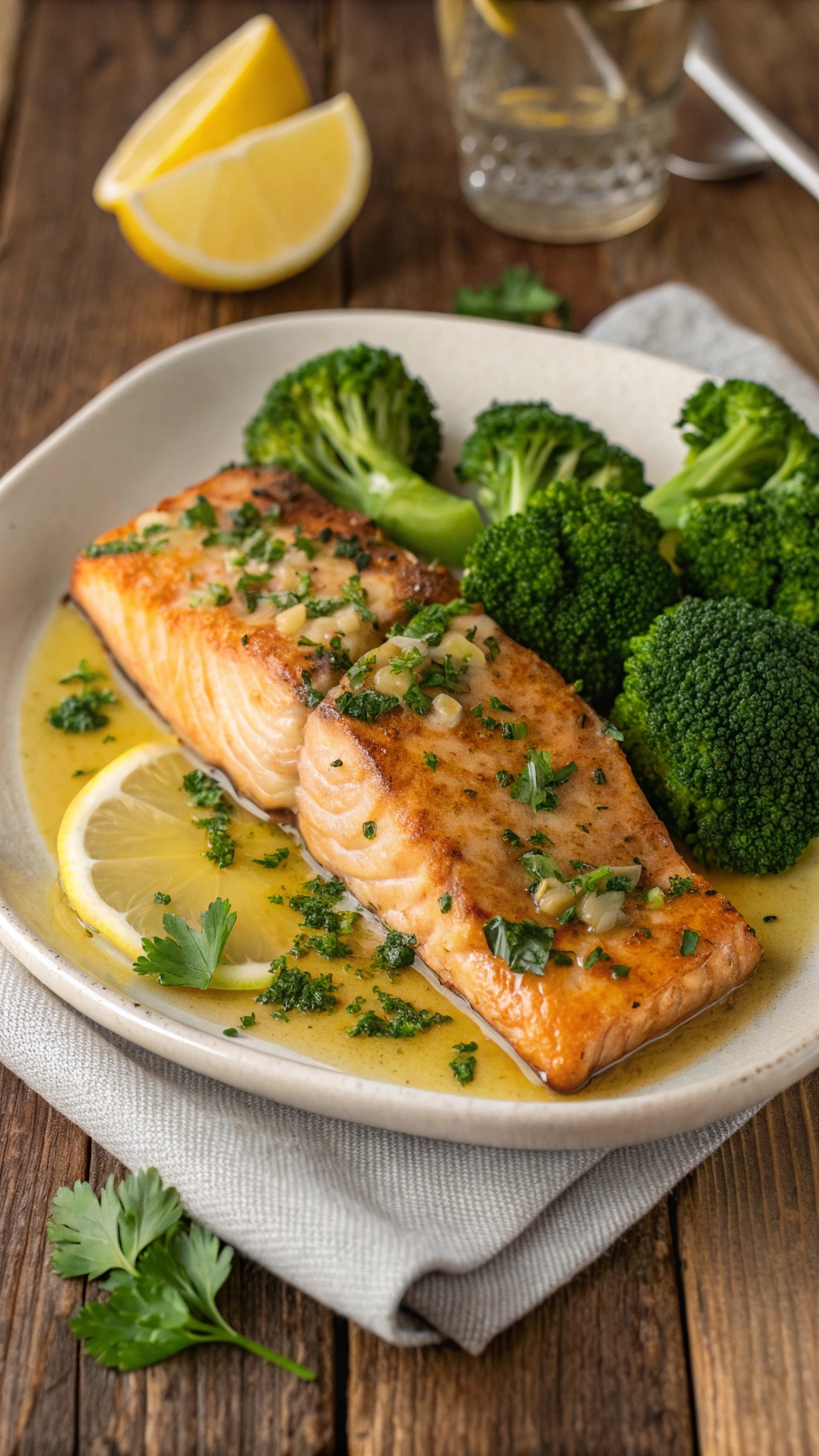A plate of lemon garlic salmon with broccoli, garnished with parsley and lemon slices.