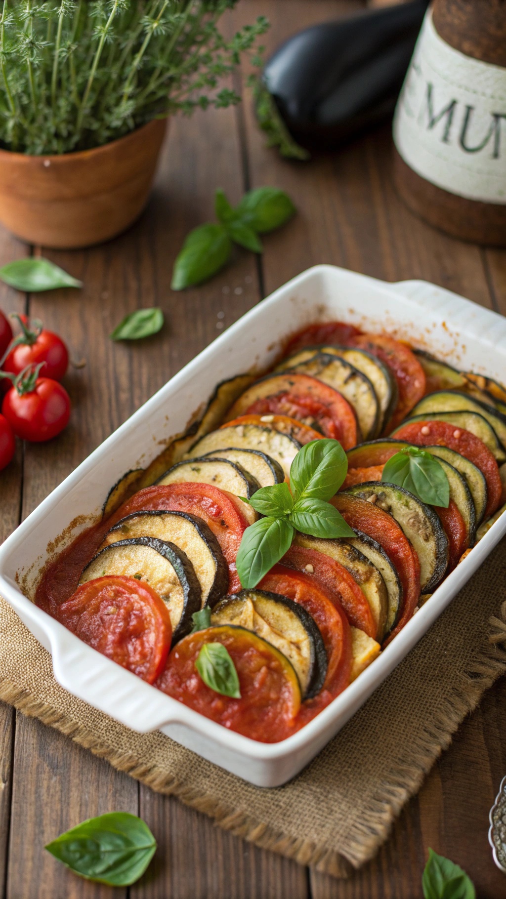 A beautiful dish of ratatouille with layers of zucchini, eggplant, and tomatoes, garnished with fresh basil.