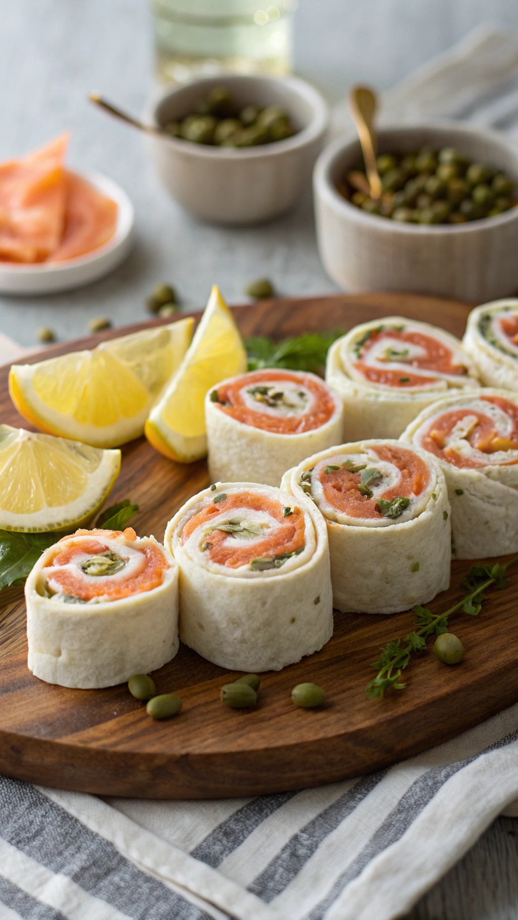 Smoked salmon and cream cheese wraps on a wooden board with lemon wedges