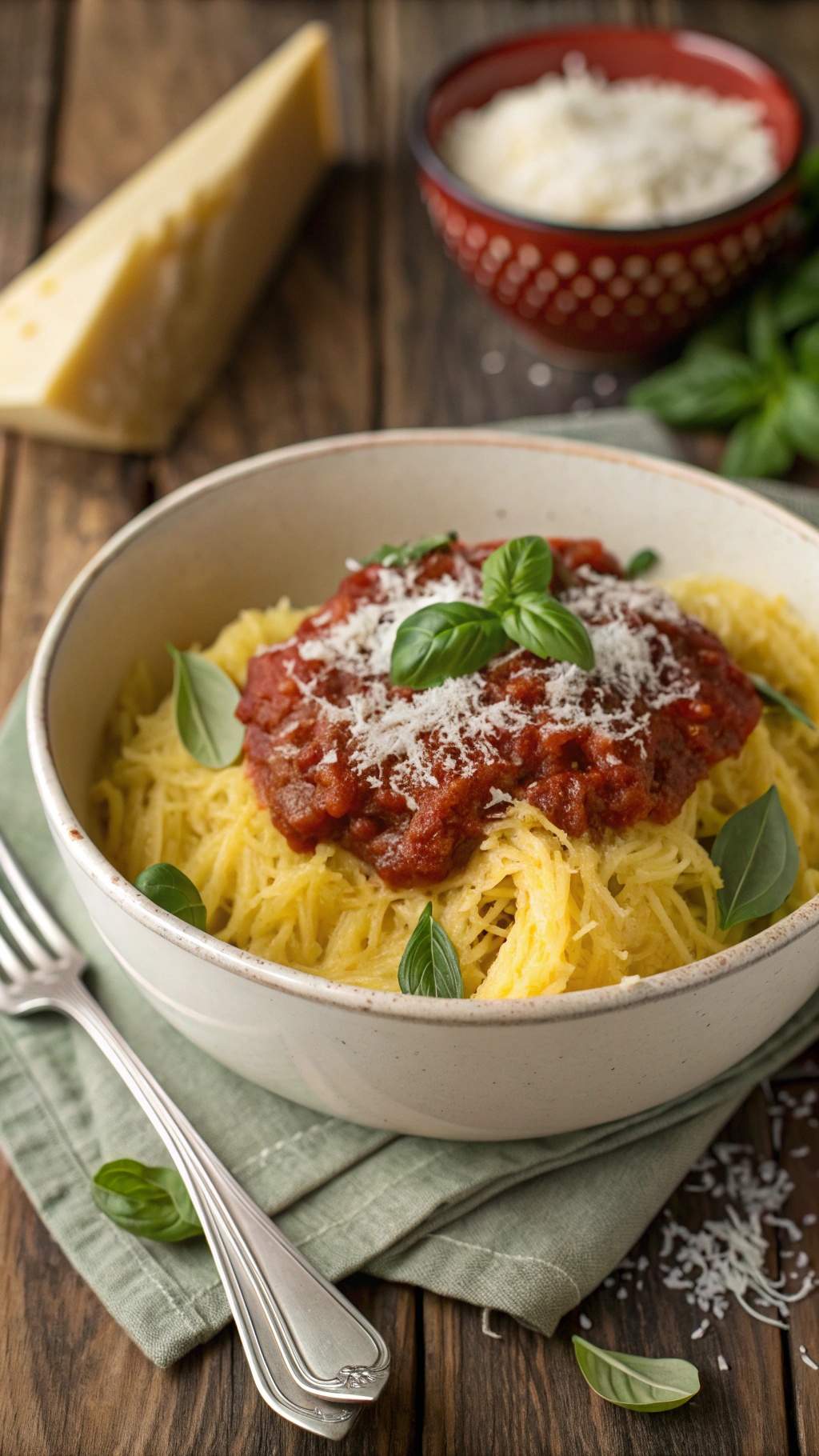 A bowl of spaghetti squash topped with marinara sauce, fresh basil, and grated cheese, served on a wooden table.
