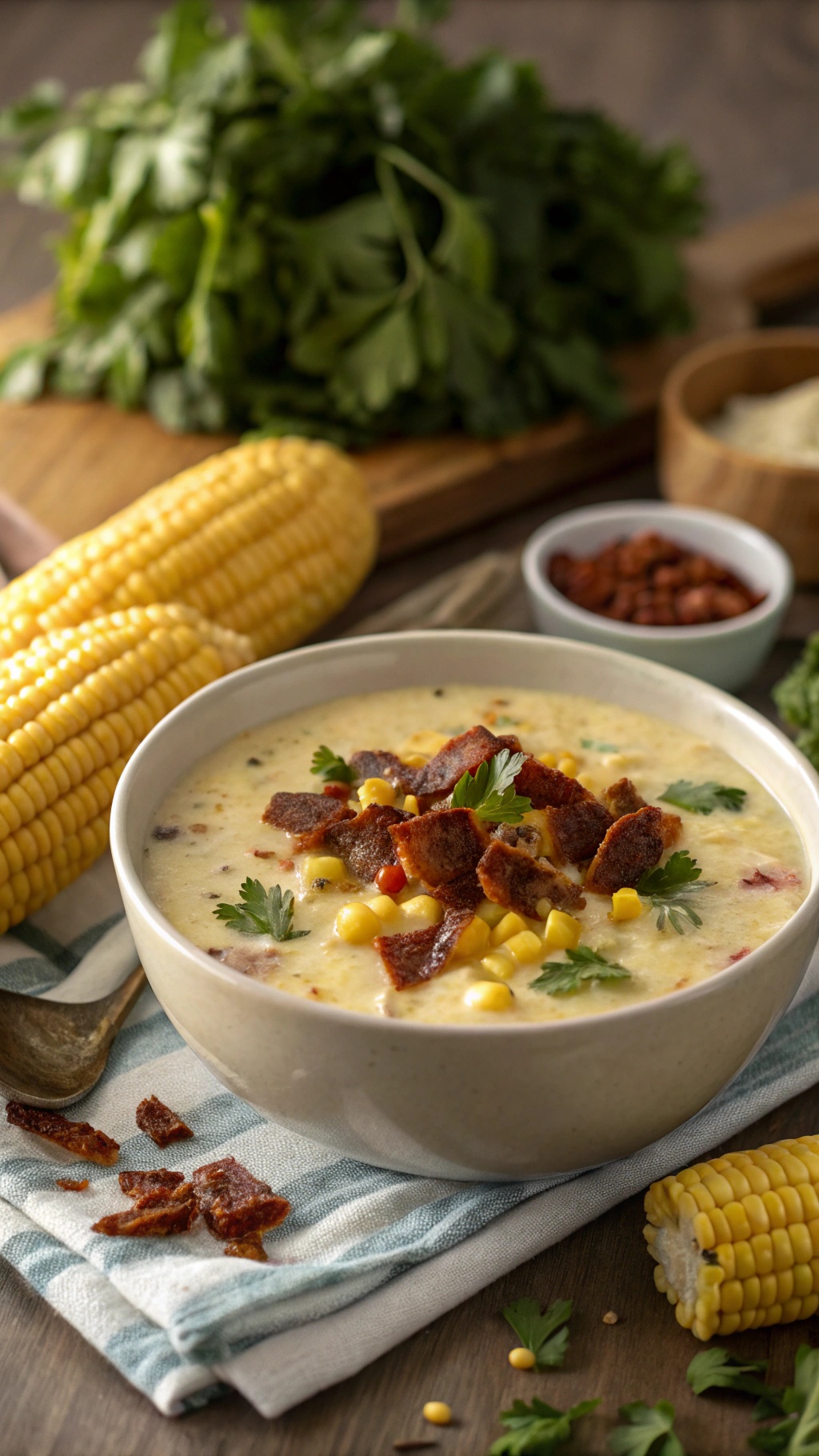 A bowl of corn chowder topped with bacon and parsley, with fresh corn and herbs in the background.