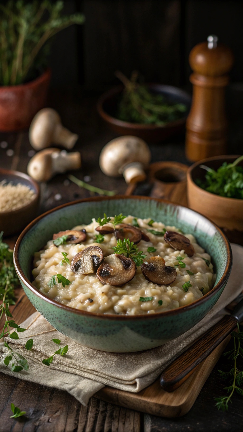 A bowl of creamy vegan mushroom risotto topped with sautéed mushrooms and fresh herbs.