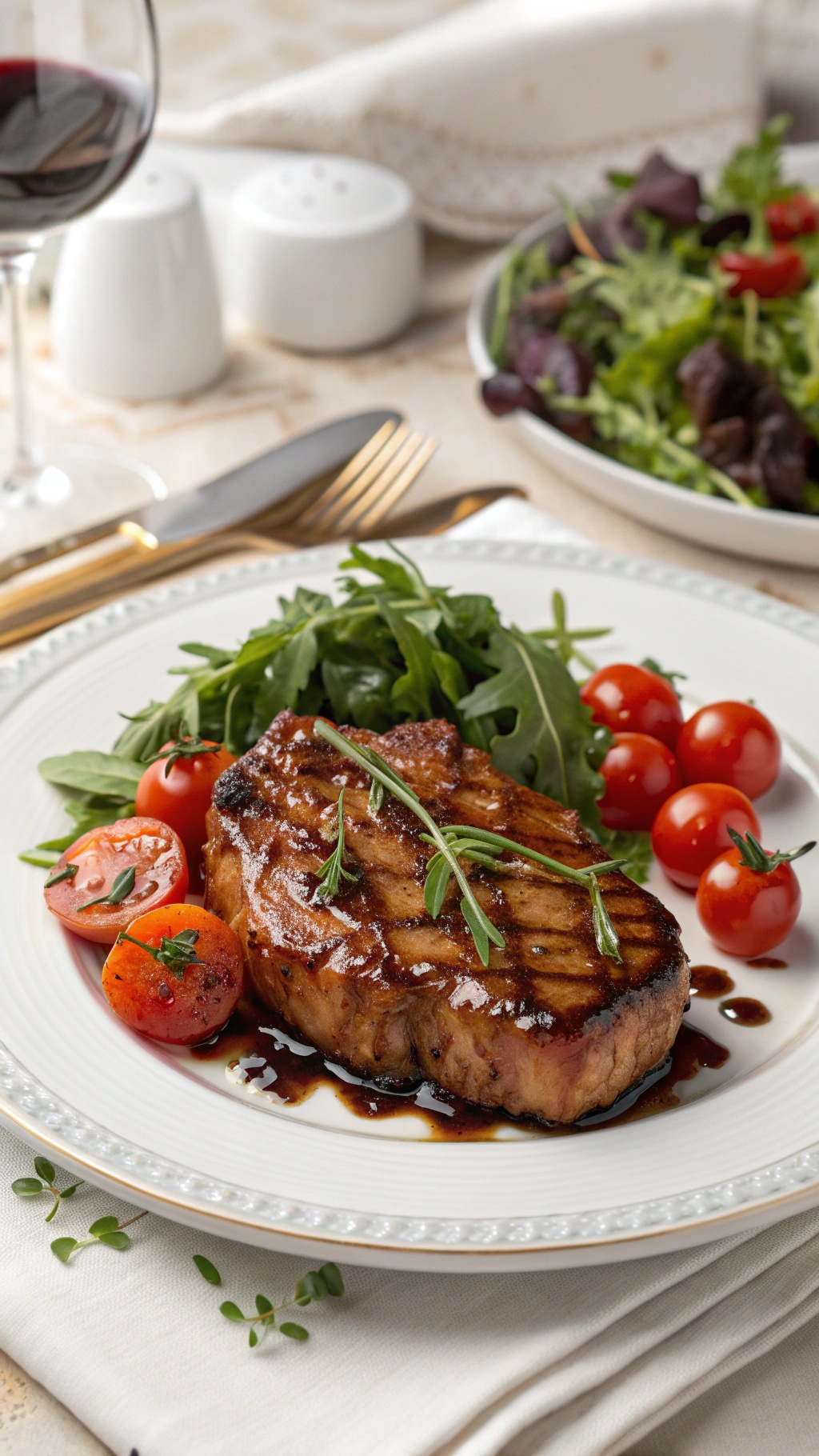 Balsamic-glazed pork chops served with cherry tomatoes and arugula on a plate.