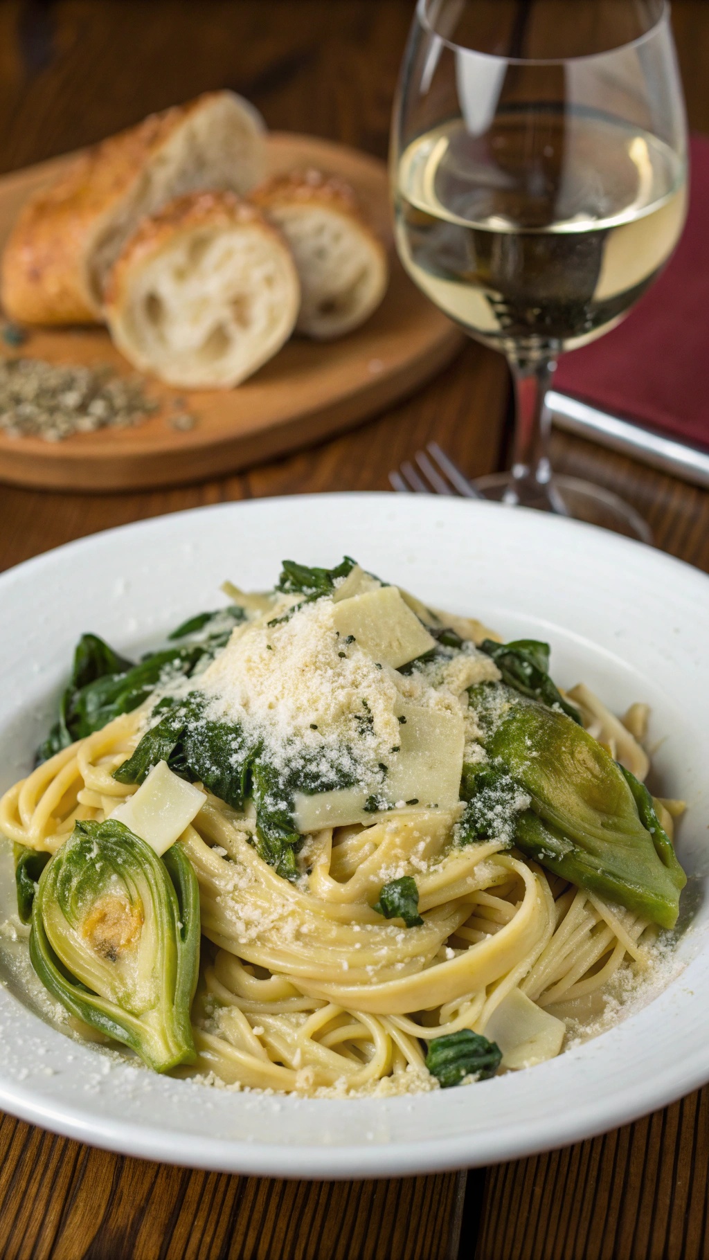 A bowl of creamy spinach and artichoke pasta topped with cheese, served with a glass of white wine and slices of bread.