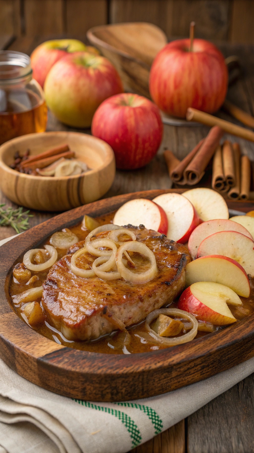 A delicious plate of apple cider pork with sliced apples and onions, surrounded by fresh apples and cinnamon sticks.