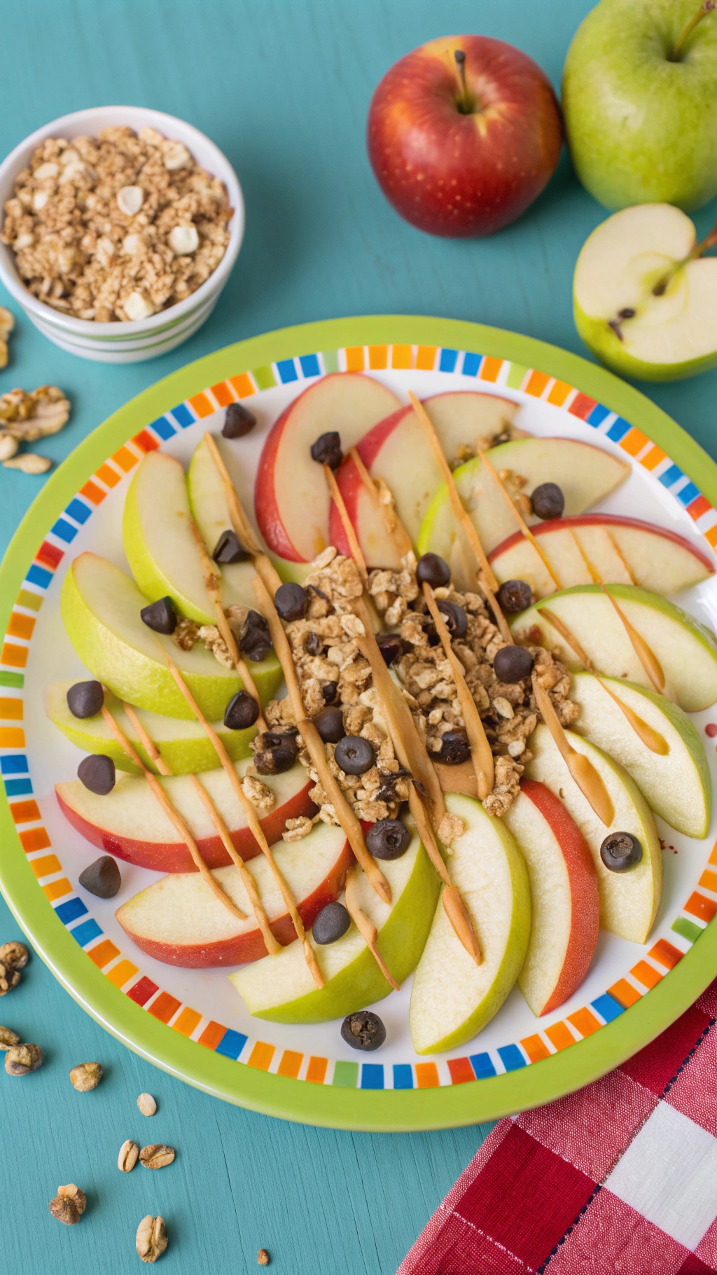 A colorful plate of apple nachos with peanut butter, granola, and chocolate chips.