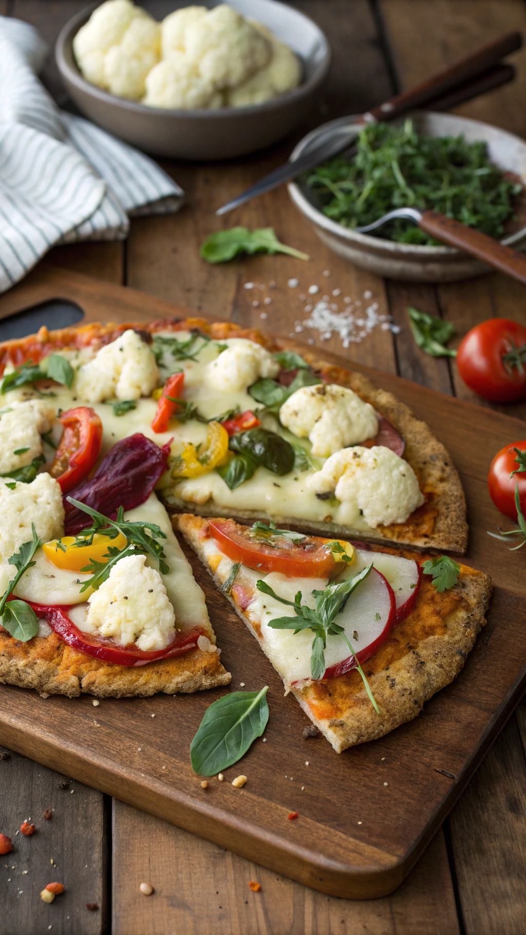 A delicious cauliflower pizza crust topped with cheese and colorful vegetables on a wooden board.