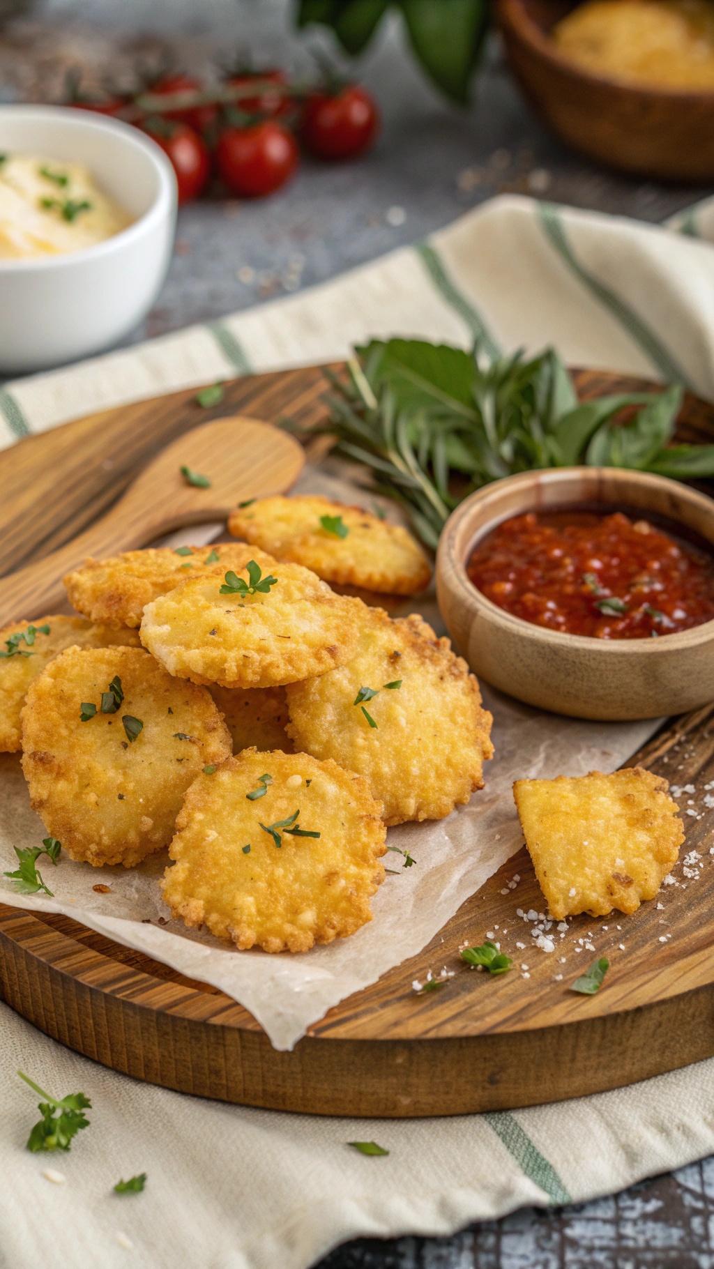A wooden platter with cheese crisps, a bowl of marinara sauce, and fresh herbs.