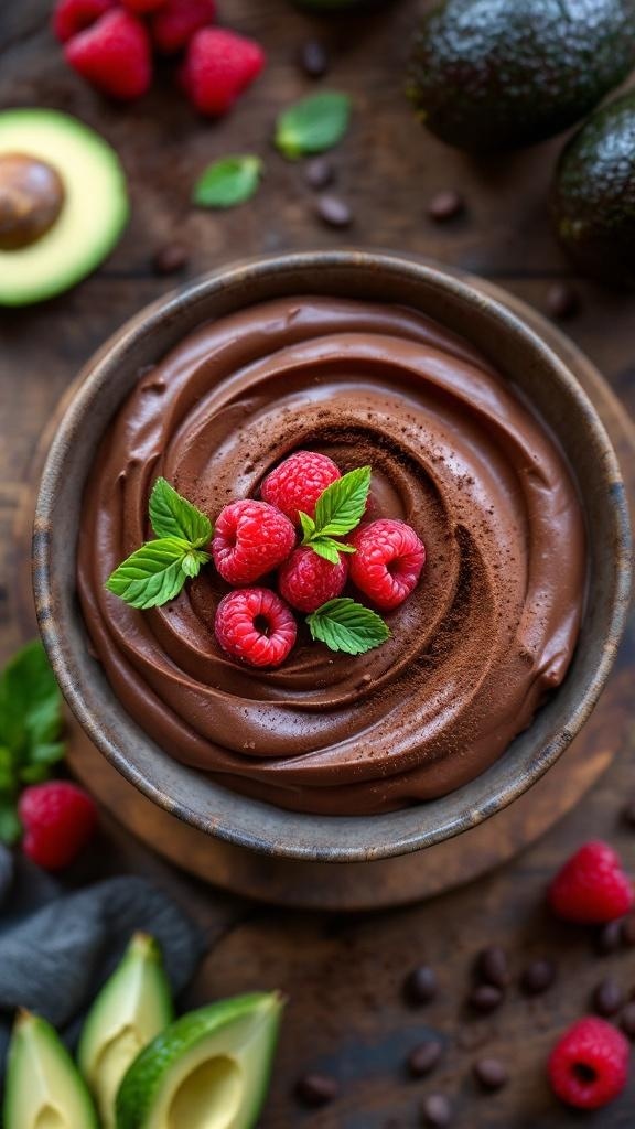A bowl of chocolate avocado mousse topped with raspberries and mint leaves, surrounded by fresh avocados.