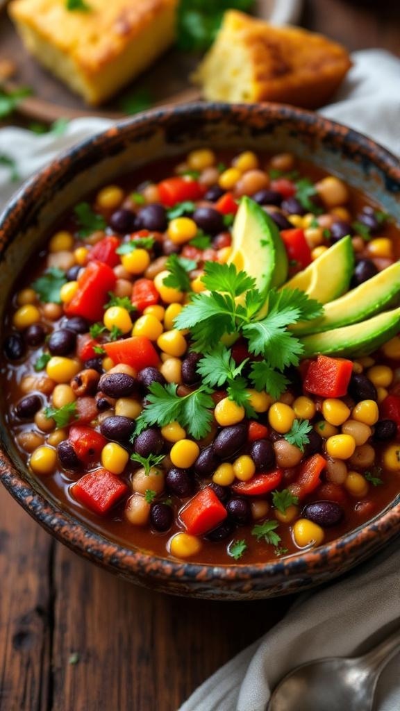 A bowl of colorful vegan chili topped with avocado slices and cilantro, with cornbread on the side.