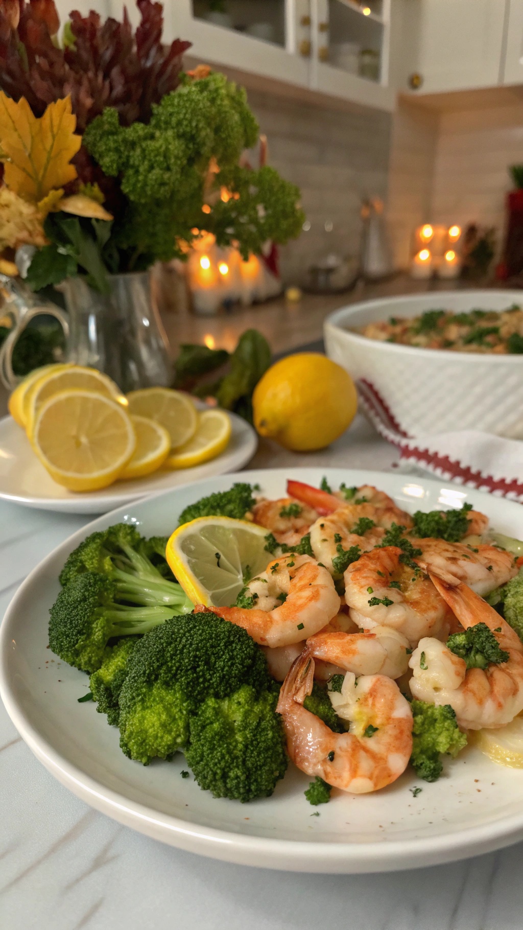 A plate of garlic butter shrimp and broccoli with lemon slices and a cozy kitchen background.