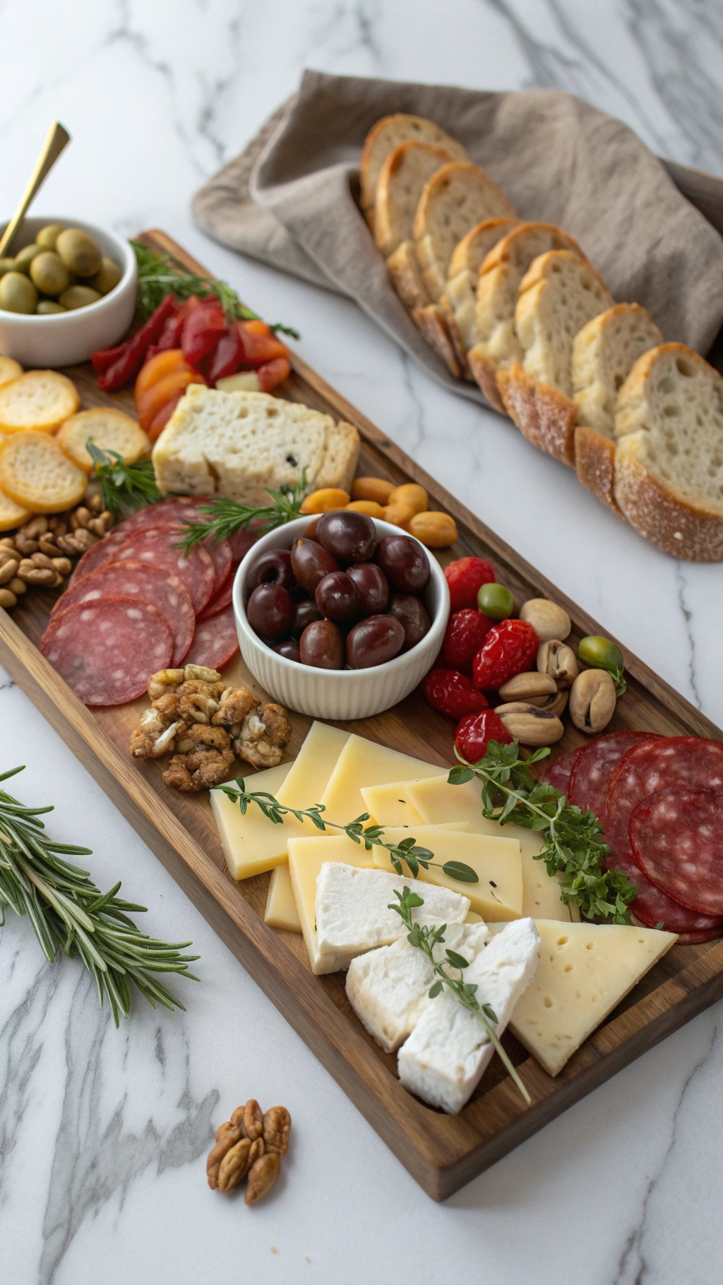 A beautifully arranged charcuterie board with cheeses, cured meats, olives, nuts, and dried fruits.