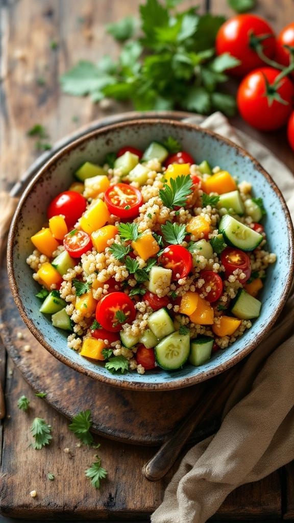 A colorful quinoa salad with cherry tomatoes, cucumbers, and bell peppers in a bowl, garnished with parsley.