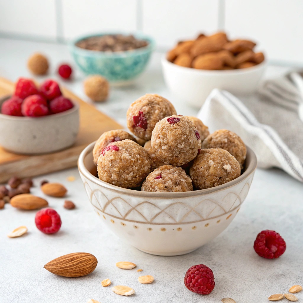 A bowl of raspberry almond energy bites, showcasing their delicious and healthy appearance.
