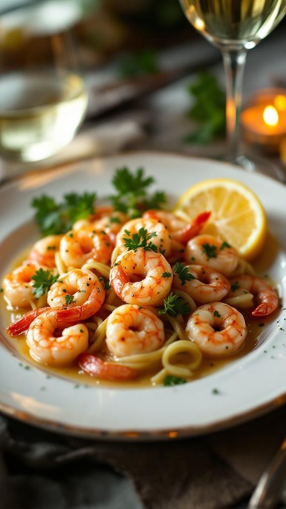 A plate of shrimp scampi with linguine, garnished with parsley and lemon.