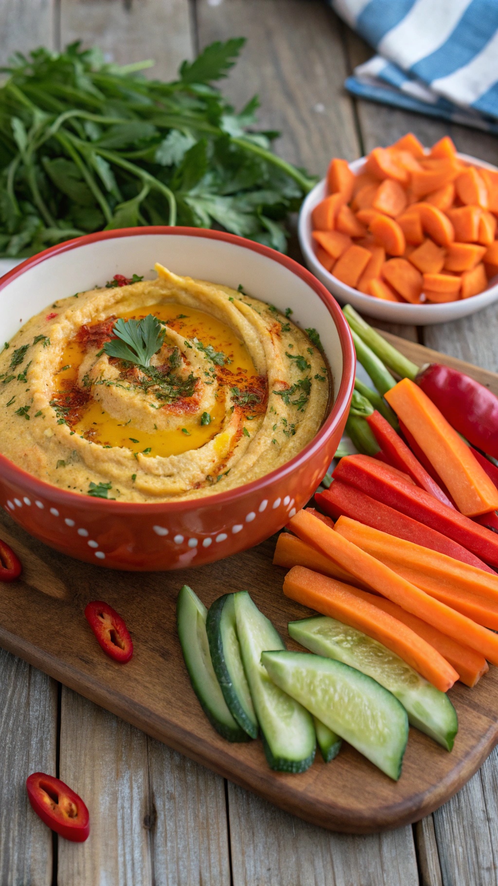 A bowl of sweet potato hummus surrounded by fresh vegetables like carrots, cucumbers, and bell peppers.