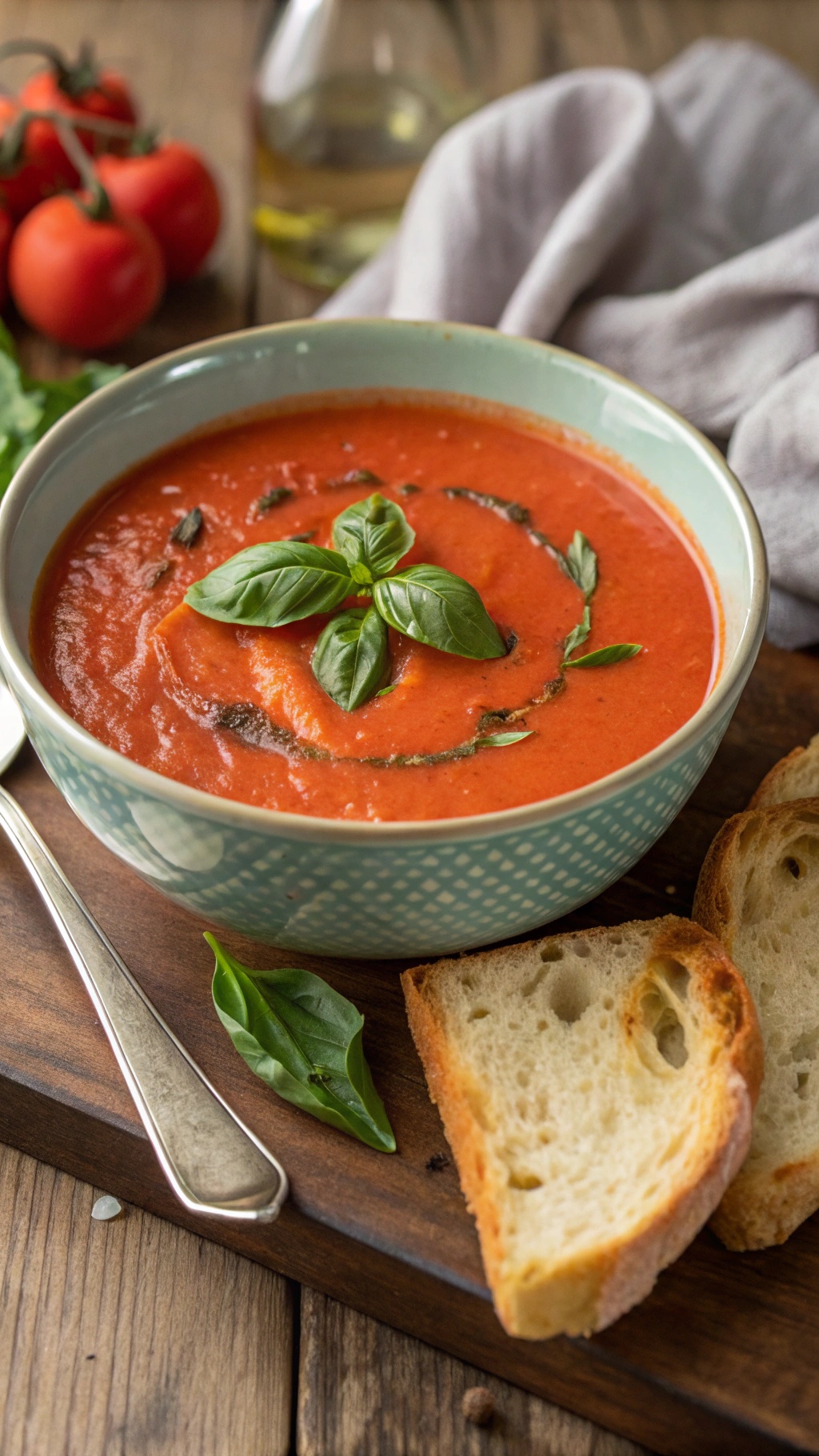 A bowl of tomato basil soup garnished with fresh basil leaves, served with slices of bread.