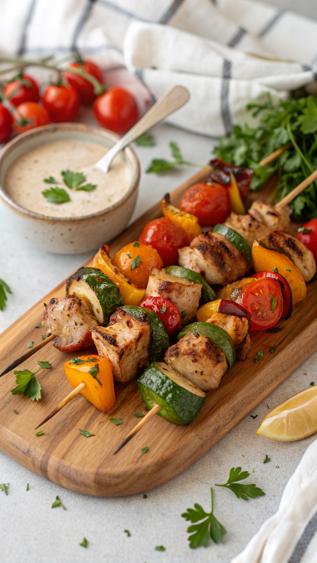 Turkey and vegetable skewers on a wooden board with a dipping sauce