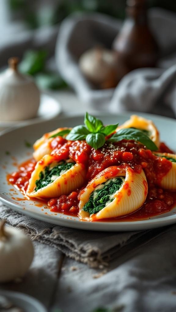 Vegan spinach and ricotta stuffed shells topped with marinara sauce and fresh basil