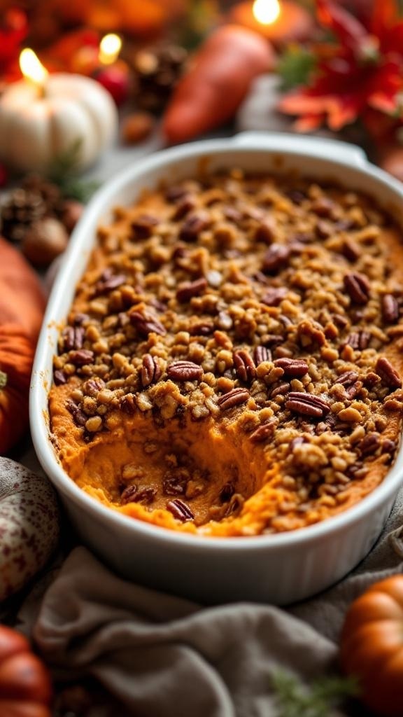 A delicious vegan sweet potato casserole topped with pecans, surrounded by autumn decorations.