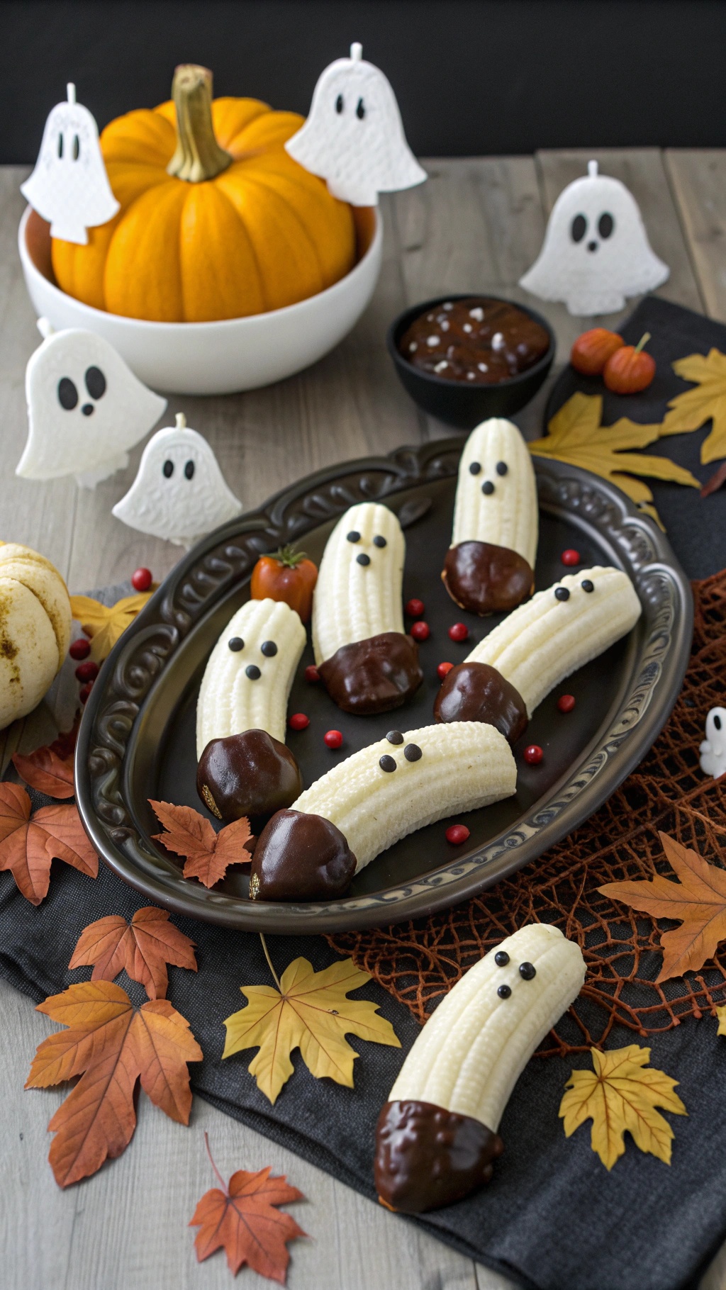Chocolate-dipped bananas decorated as ghosts with candy eyes, surrounded by autumn leaves and a pumpkin.