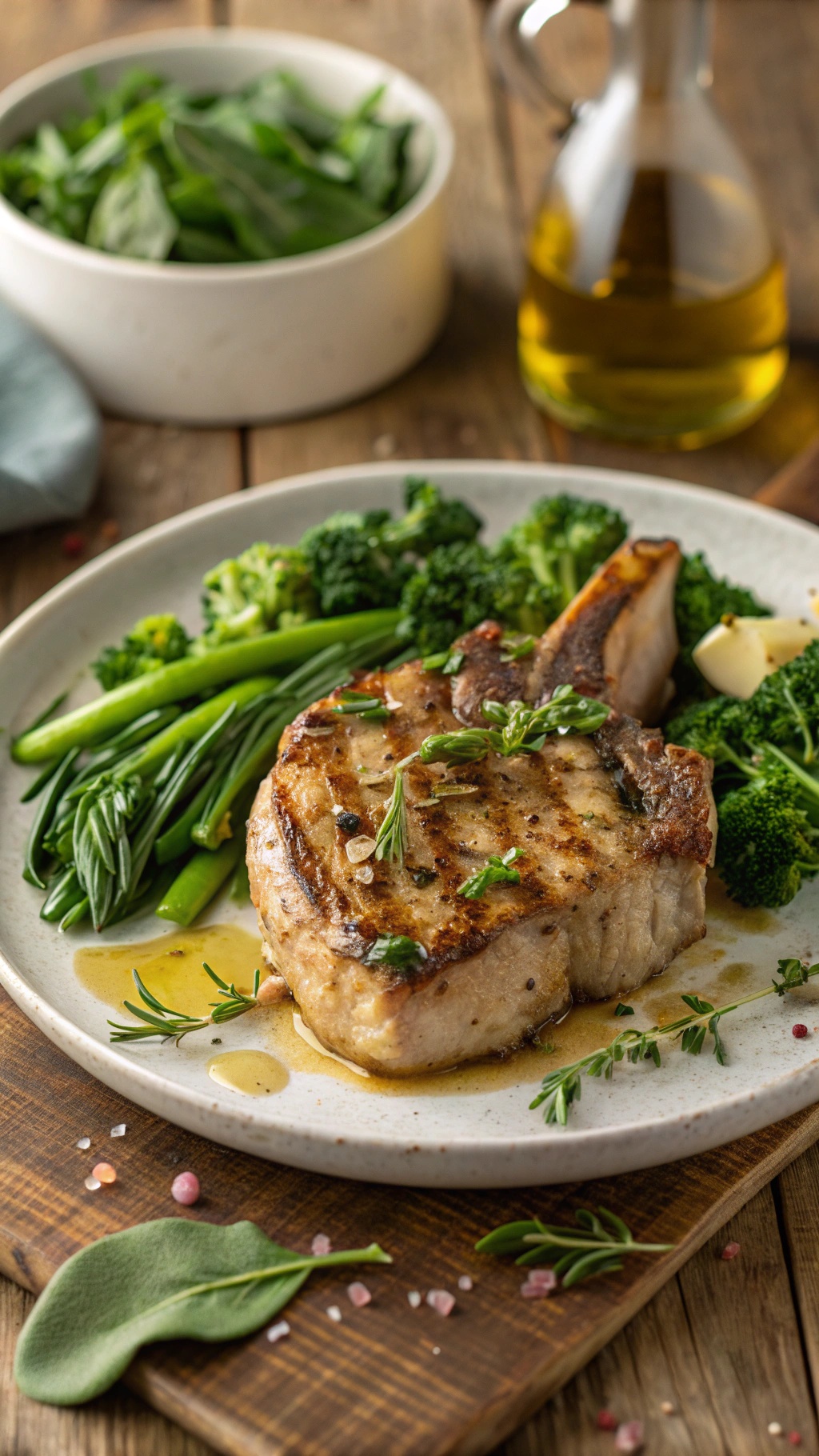 Grilled garlic herb pork chop served with broccoli and green beans.
