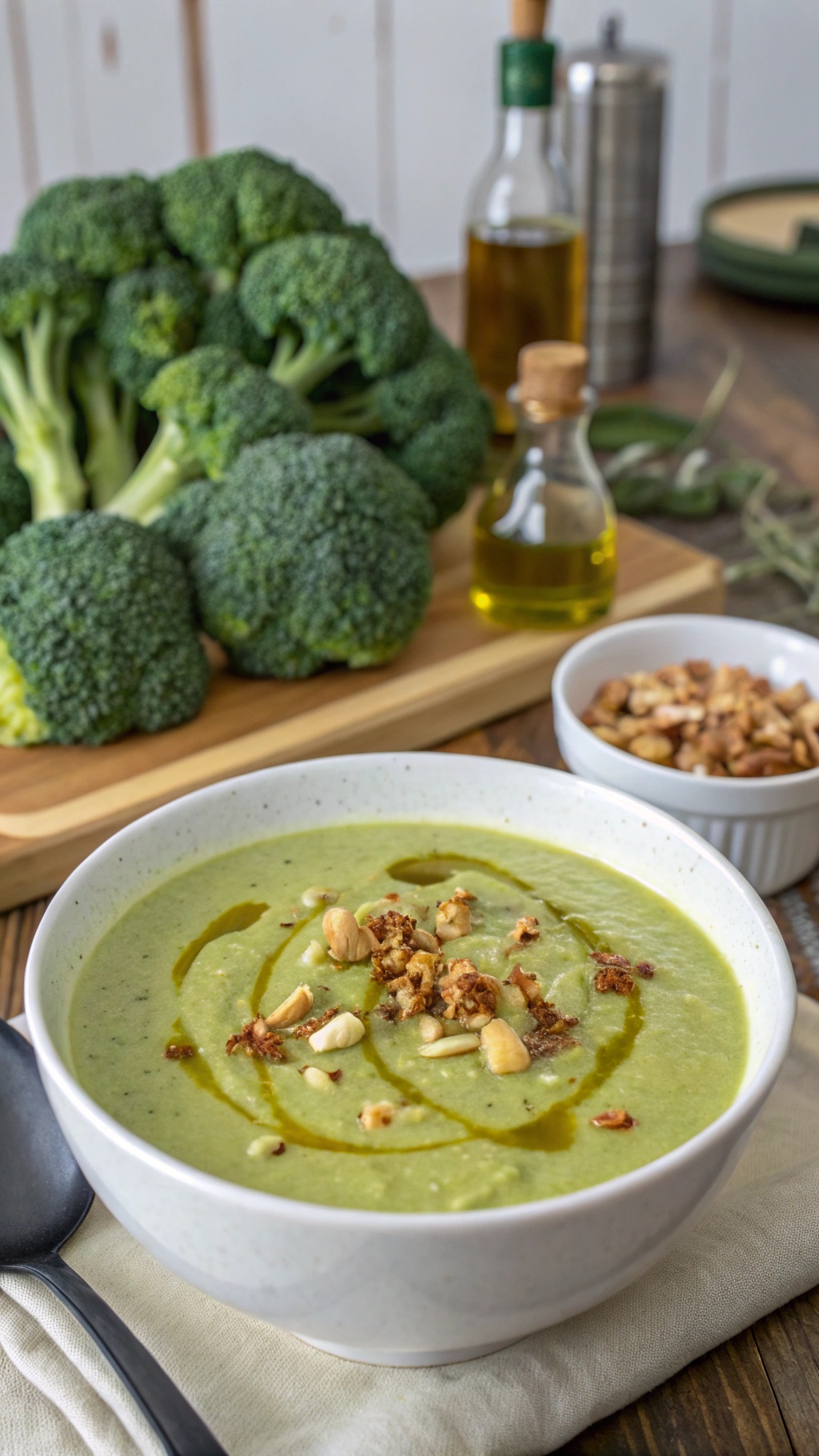 A bowl of creamy broccoli soup topped with nuts and olive oil, with fresh broccoli in the background.