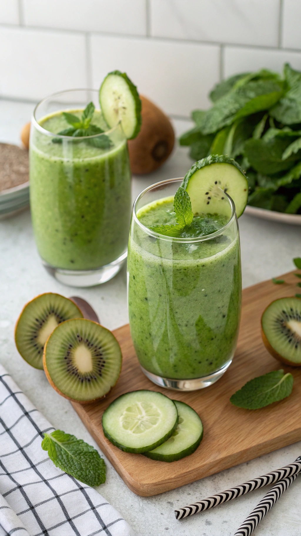 Detox kiwi and cucumber smoothie in glasses, garnished with mint and cucumber slices