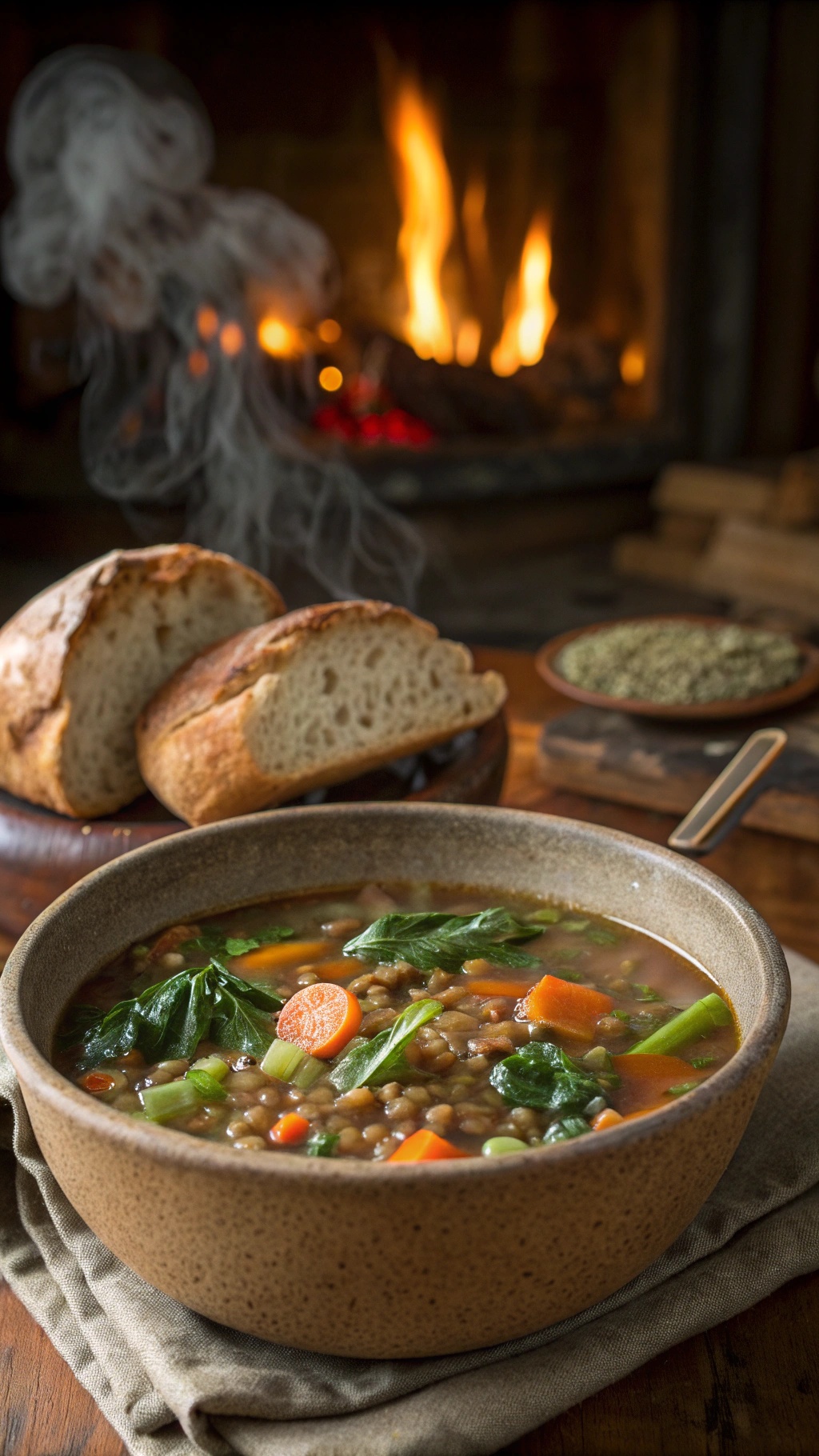 A bowl of lentil soup with vegetables, served with bread, next to a cozy fireplace.