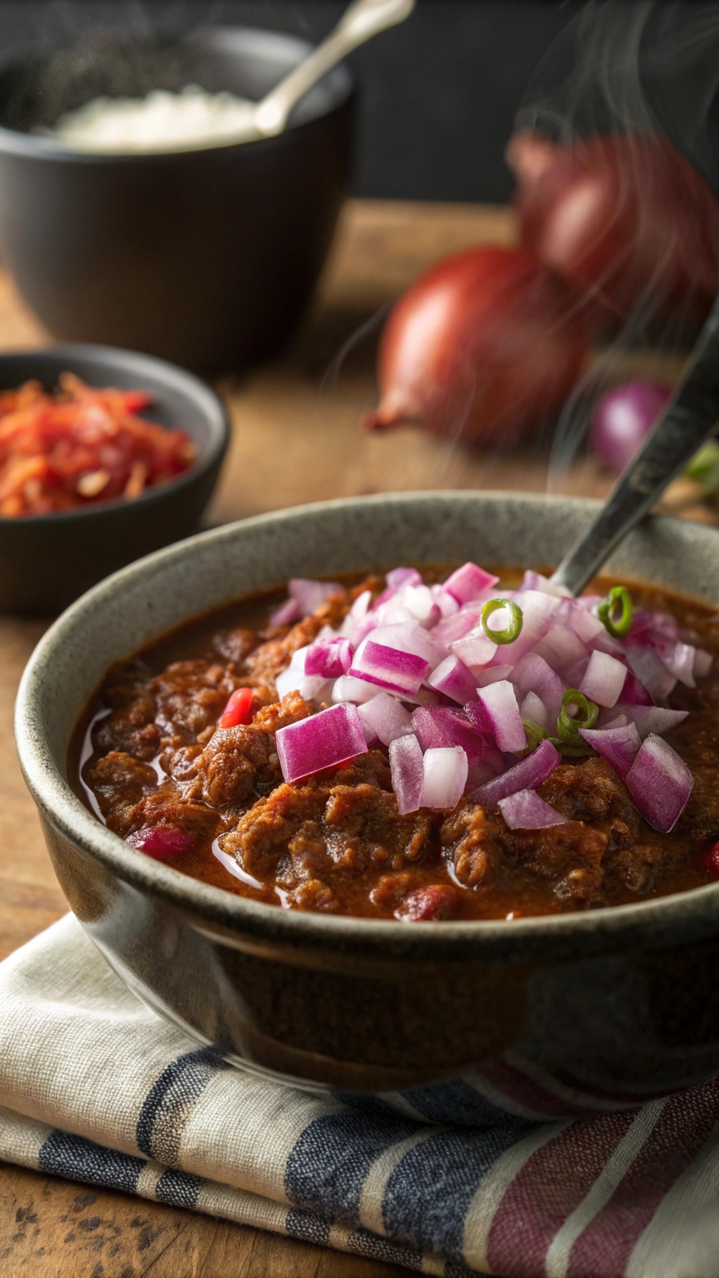 A bowl of chili topped with diced red onions, surrounded by ingredients like red onions and diced tomatoes.