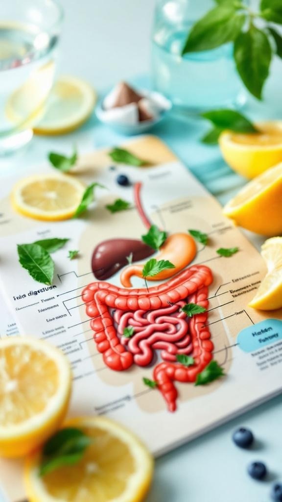 A colorful representation of the digestive system with lemons and water, symbolizing digestive health improvements.