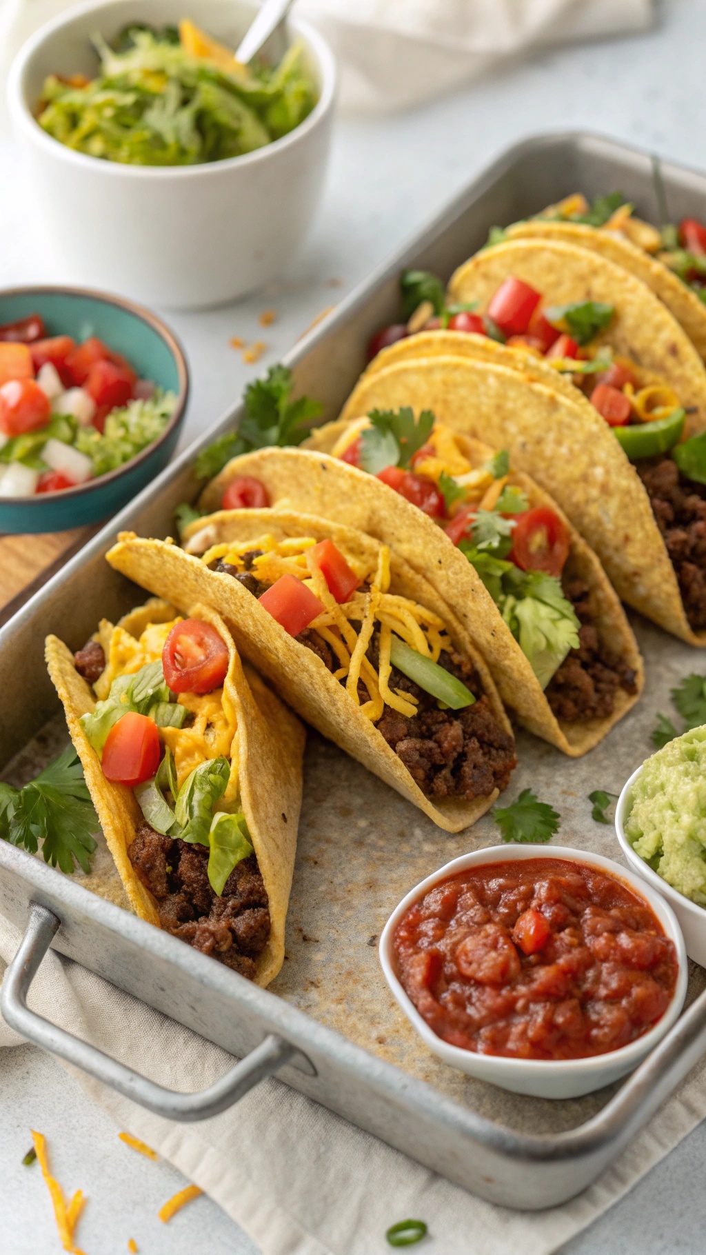 Sheet pan taco night with crispy taco shells filled with ground beef, lettuce, tomatoes, and cheese, served with salsa and guacamole.