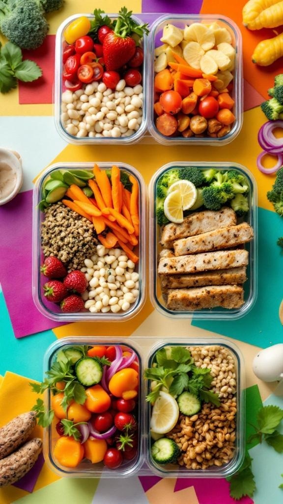 Colorful meal prep containers with fresh vegetables and sesame seeds on a pink and blue background.