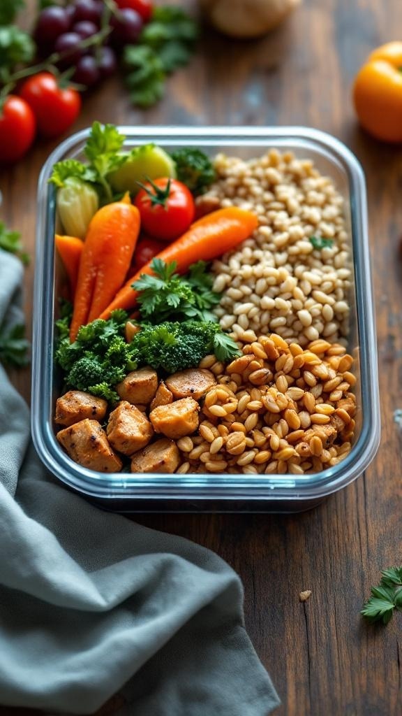 A divided meal prep container filled with grilled chicken, carrots, broccoli, and grains on a wooden surface.