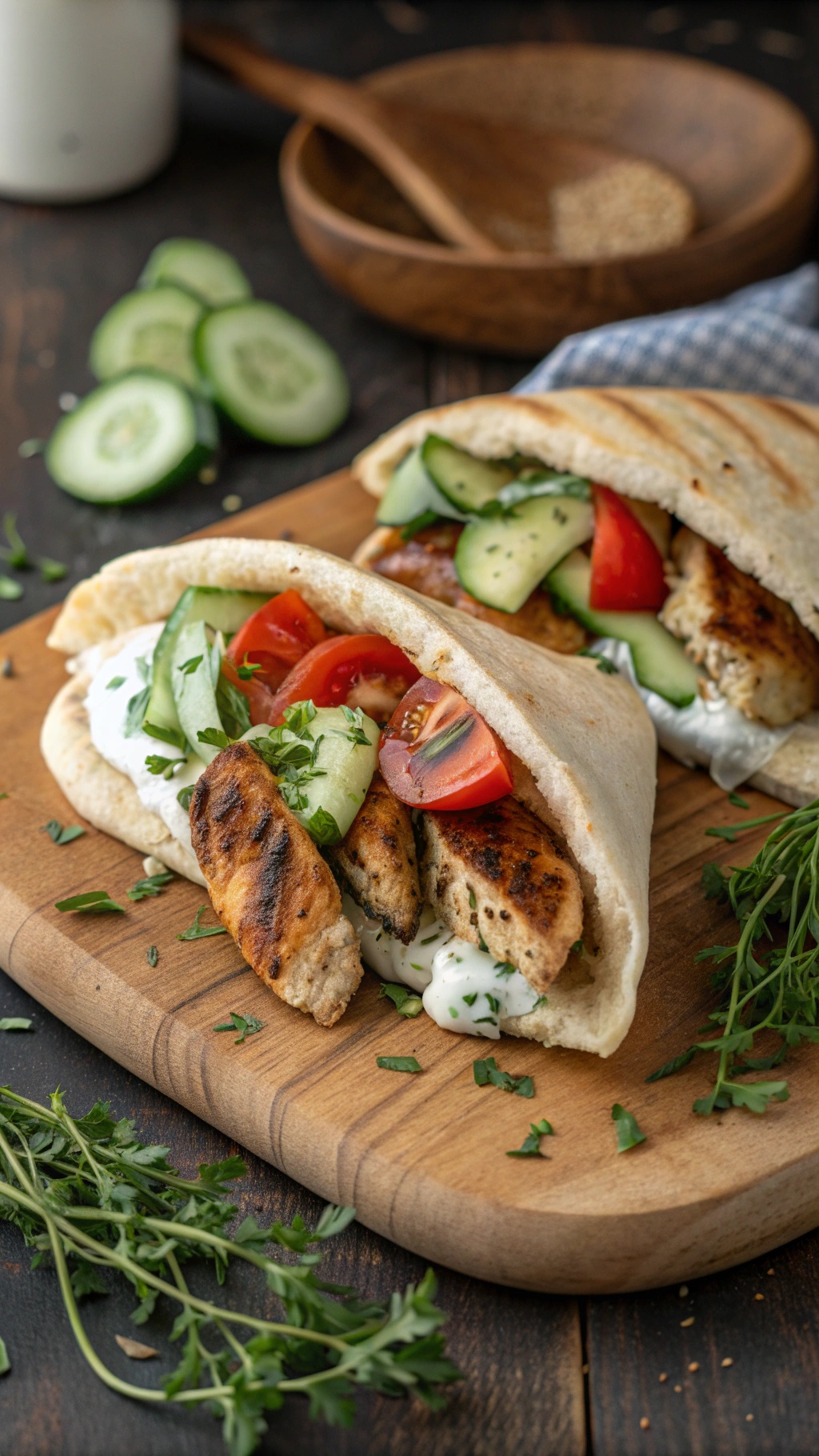 Two pita pockets filled with grilled chicken, cucumbers, and tomatoes on a wooden board.