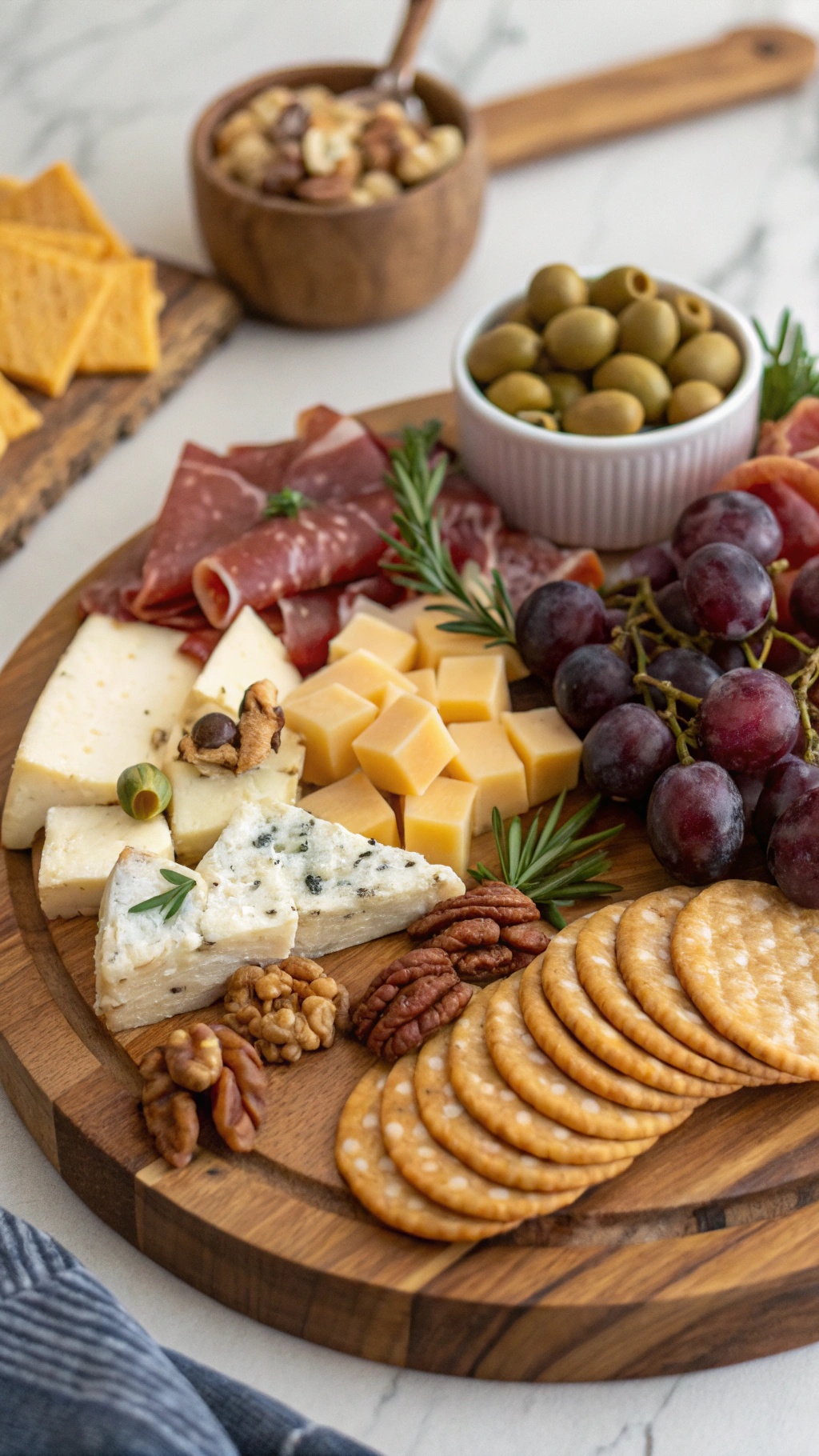 A beautifully arranged cold cuts and cheese board featuring various meats, cheeses, fruits, and nuts.