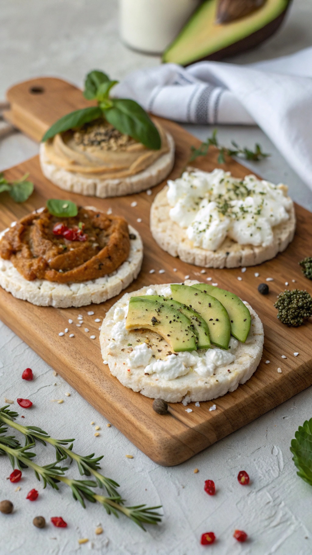 An assortment of rice cakes topped with hummus, avocado, cottage cheese, and pumpkin puree on a wooden board.