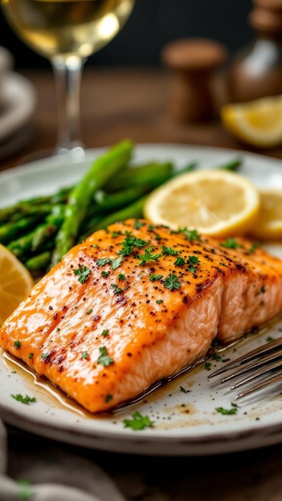 Baked salmon fillet with garlic and Dijon, served with asparagus and lemon slices.