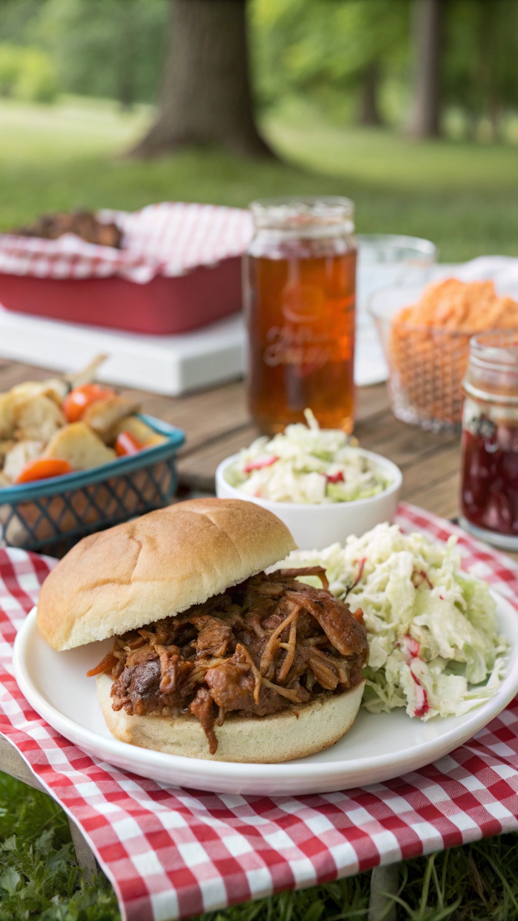 A plate of BBQ pulled pork sandwich with coleslaw and sides, set in a picnic style.